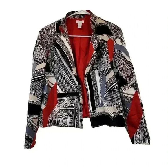 Chico's Women's Red/White/Black Cotton Blend Geometric Print Open Front Lined Ja - Picture 2 of 12